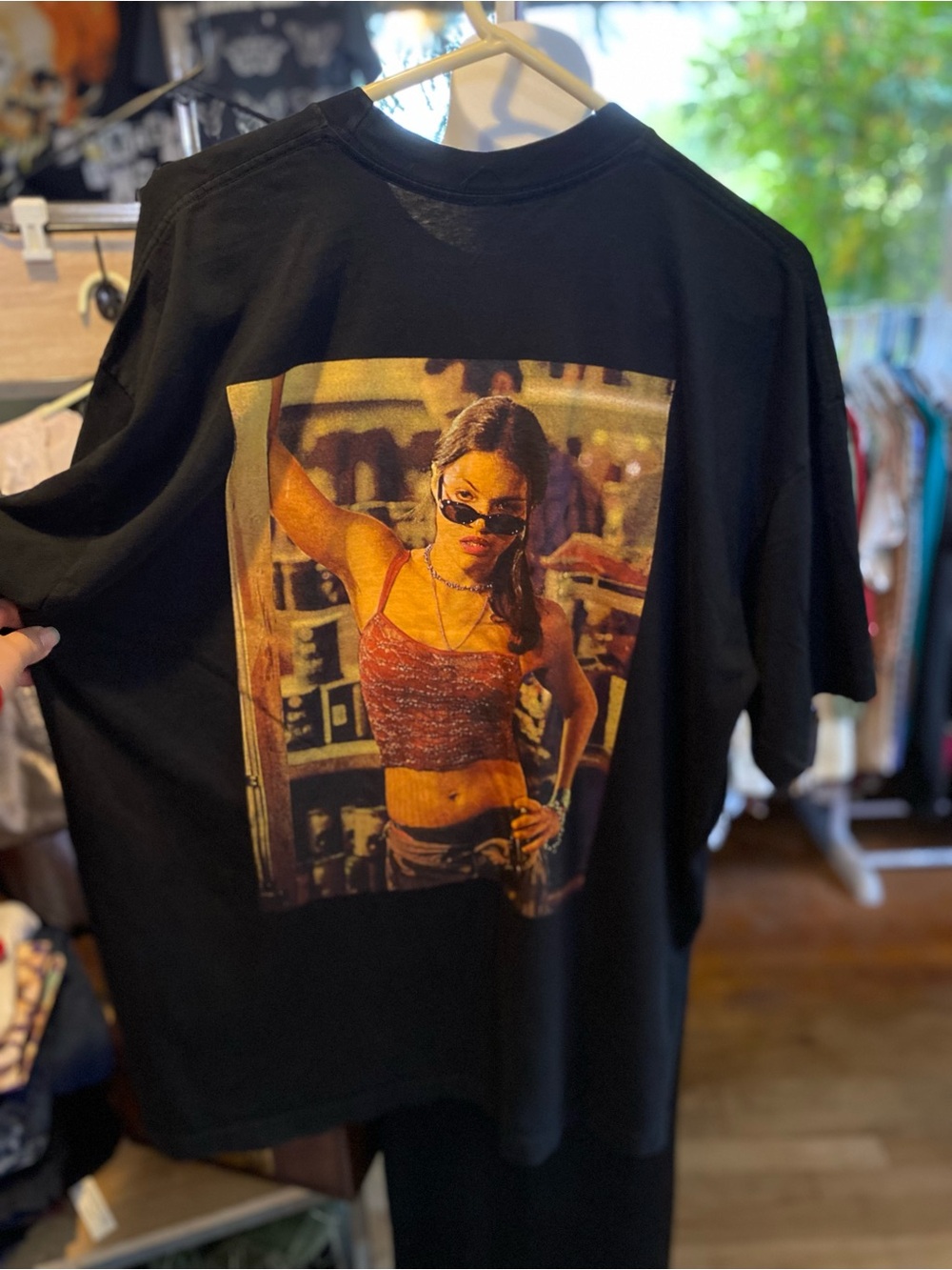 Black Short-Sleeve Graphic Tee with Red Photo Print